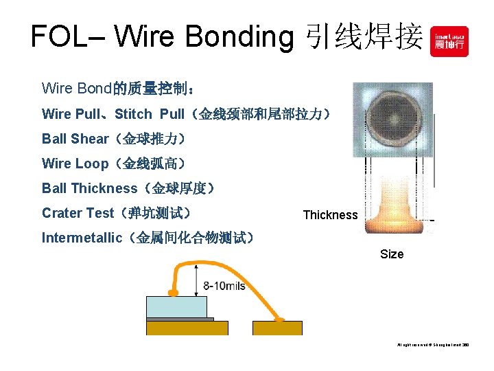 FOL– Wire Bonding 引线焊接 Wire Bond的质量控制： Wire Pull、Stitch Pull（金线颈部和尾部拉力） Ball Shear（金球推力） Wire Loop（金线弧高） Ball
