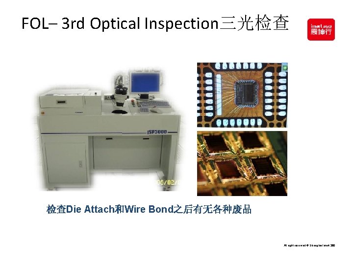 FOL– 3 rd Optical Inspection三光检查 检查Die Attach和Wire Bond之后有无各种废品 All right reserved © Shanghai Imart