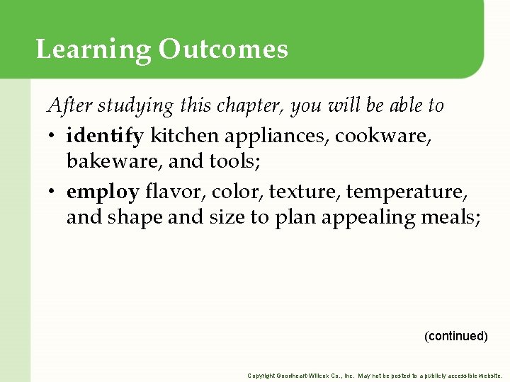 Learning Outcomes After studying this chapter, you will be able to • identify kitchen