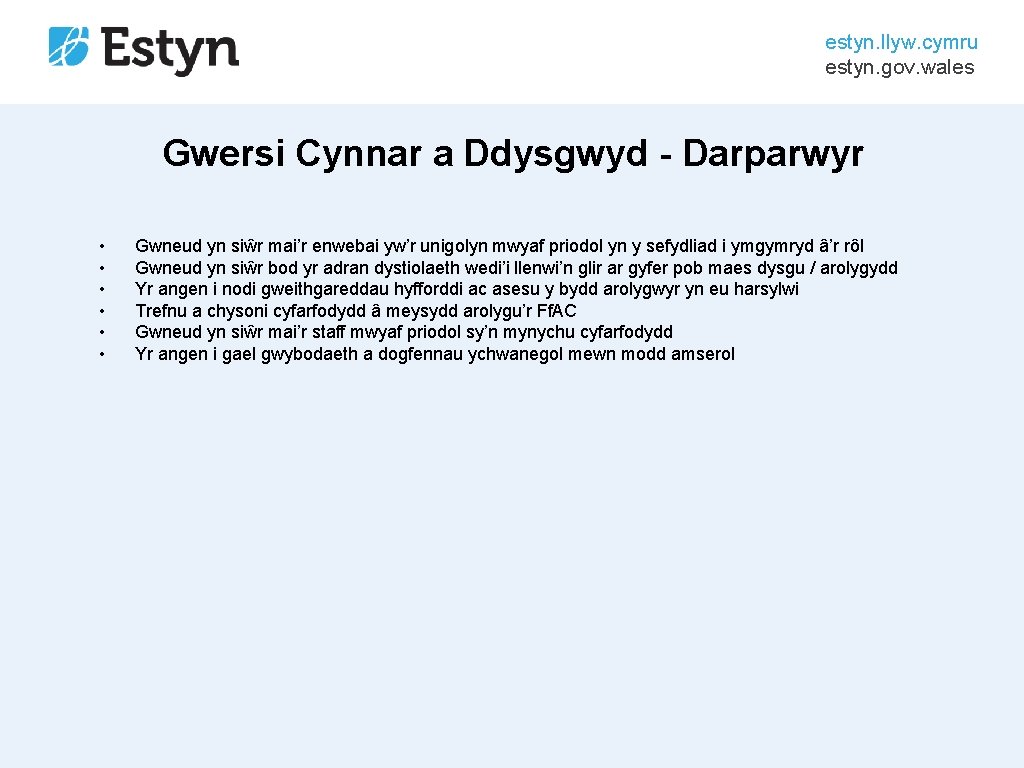 estyn. llyw. cymru estyn. gov. wales Gwersi Cynnar a Ddysgwyd - Darparwyr • •