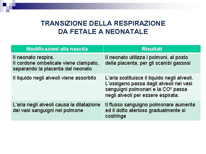 TRANSIZIONE DELLA RESPIRAZIONE DA FETALE A NEONATALE Modificazioni alla nascita Risultati Il neonato respira.