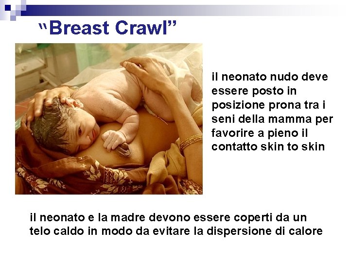 “Breast Crawl” il neonato nudo deve essere posto in posizione prona tra i seni