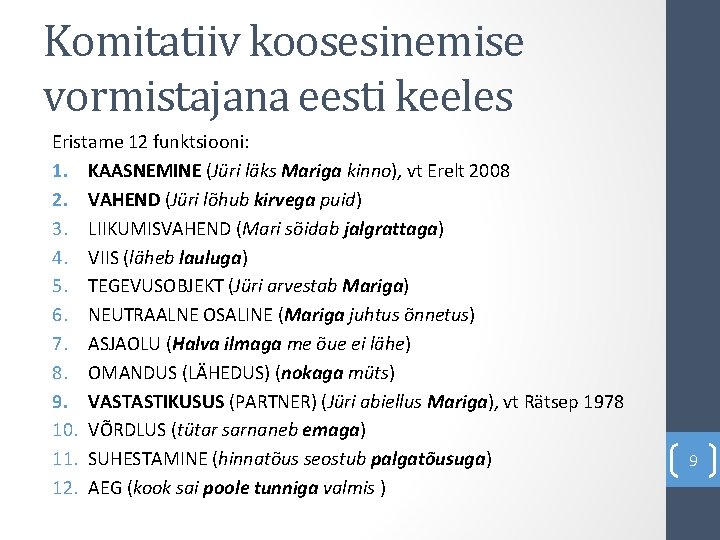 Komitatiiv koosesinemise vormistajana eesti keeles Eristame 12 funktsiooni: 1. KAASNEMINE (Jüri läks Mariga kinno),