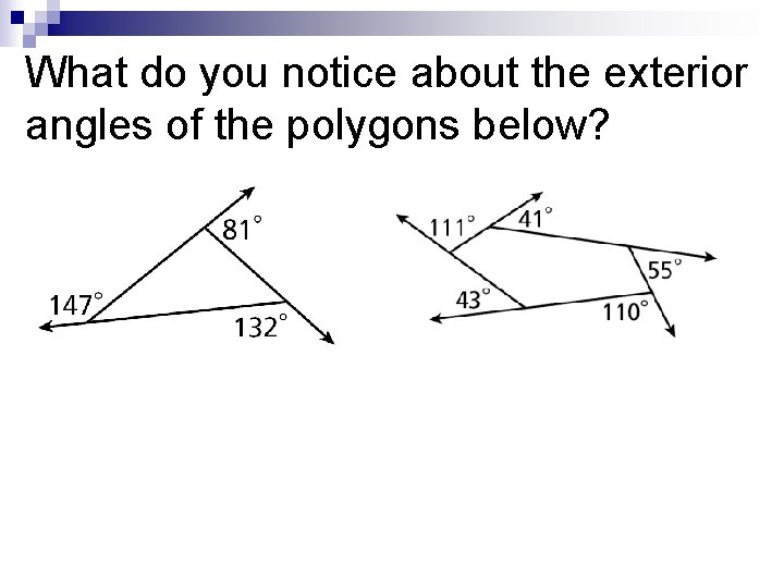 What do you notice about the exterior angles of the polygons below? 