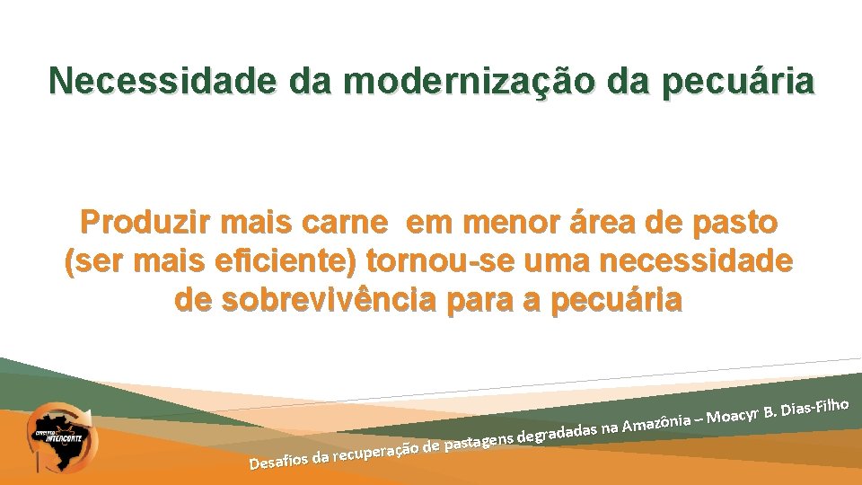 Necessidade da modernização da pecuária Produzir mais carne em menor área de pasto (ser