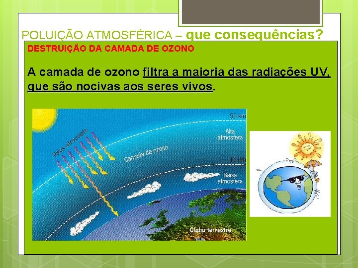 POLUIÇÃO ATMOSFÉRICA – que consequências? DESTRUIÇÃO DA CAMADA DE OZONO A camada de ozono