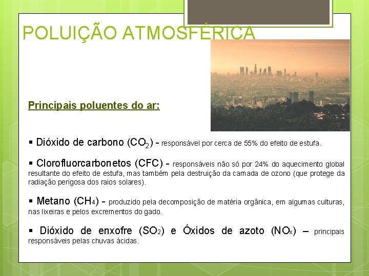 POLUIÇÃO ATMOSFÉRICA Principais poluentes do ar: § Dióxido de carbono (CO 2) - responsável