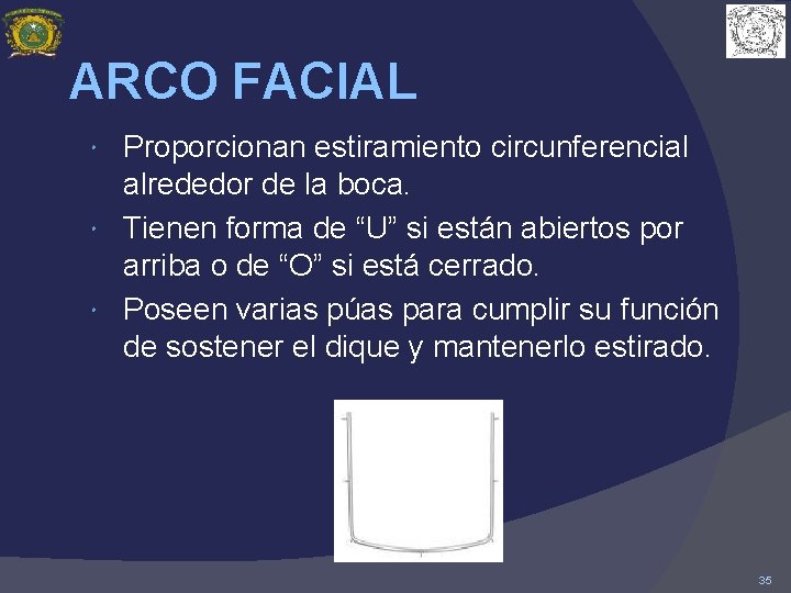 ARCO FACIAL Proporcionan estiramiento circunferencial alrededor de la boca. Tienen forma de “U” si