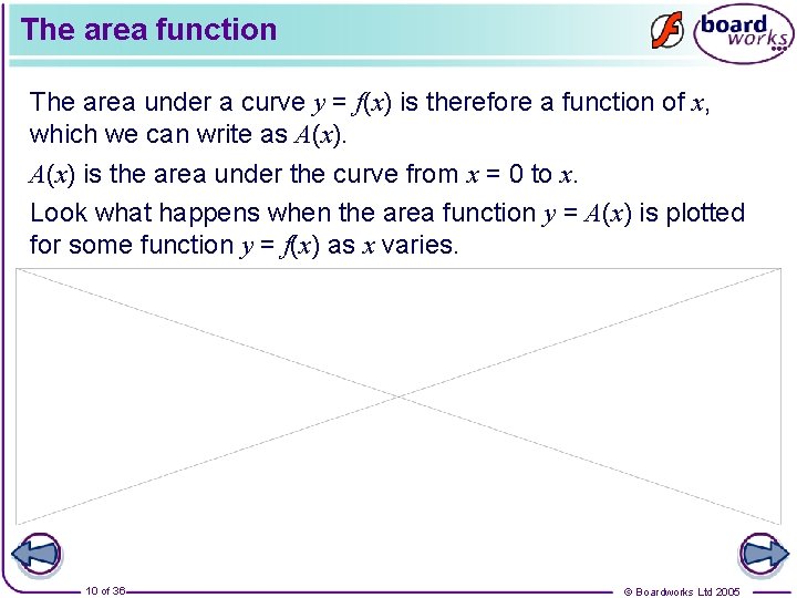The area function The area under a curve y = f(x) is therefore a