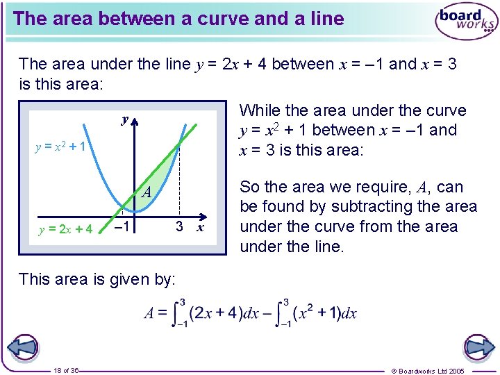 The area between a curve and a line The area under the line y