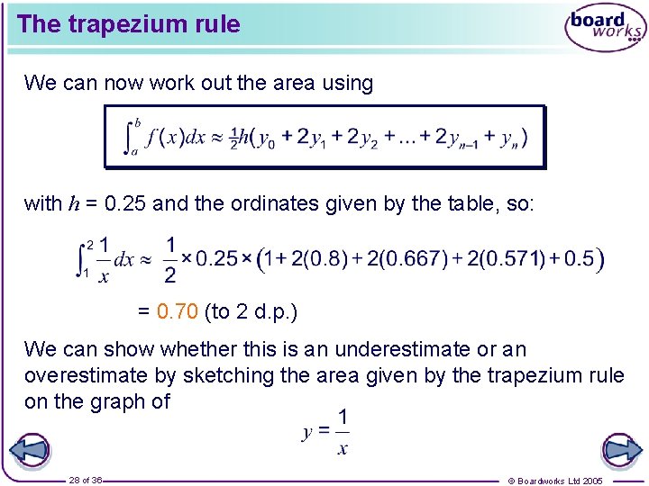 The trapezium rule We can now work out the area using with h =