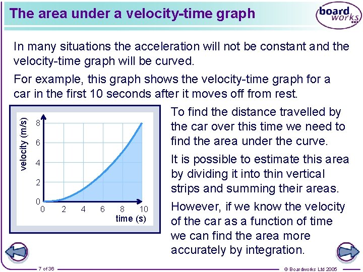 The area under a velocity-time graph In many situations the acceleration will not be