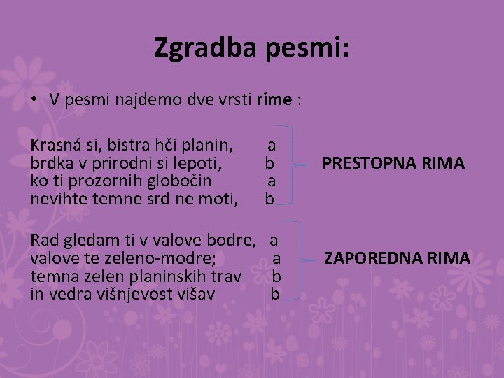 Zgradba pesmi: • V pesmi najdemo dve vrsti rime : Krasná si, bistra hči