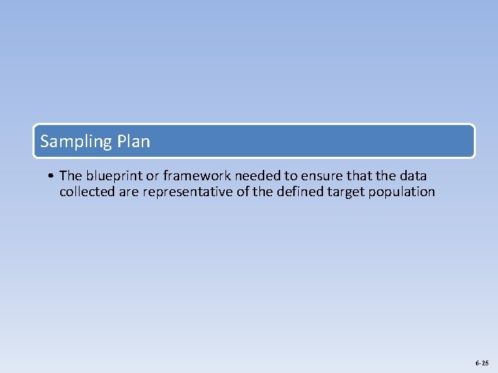 Sampling Plan • The blueprint or framework needed to ensure that the data collected