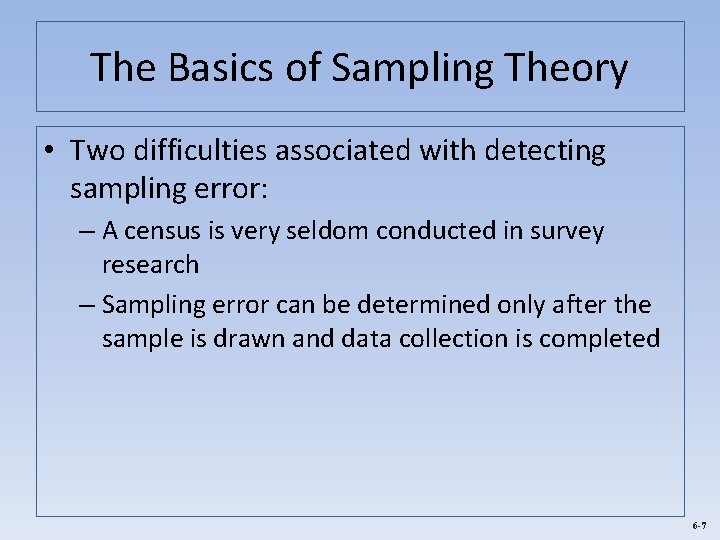 The Basics of Sampling Theory • Two difficulties associated with detecting sampling error: –