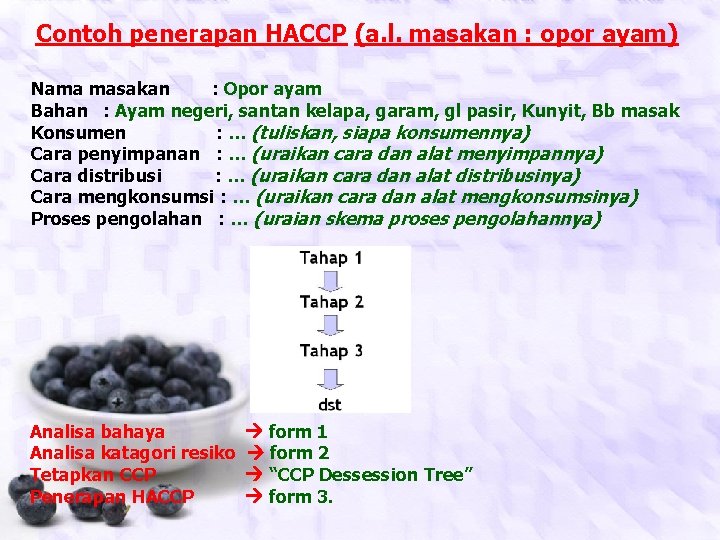 Contoh penerapan HACCP (a. l. masakan : opor ayam) Nama masakan : Opor ayam