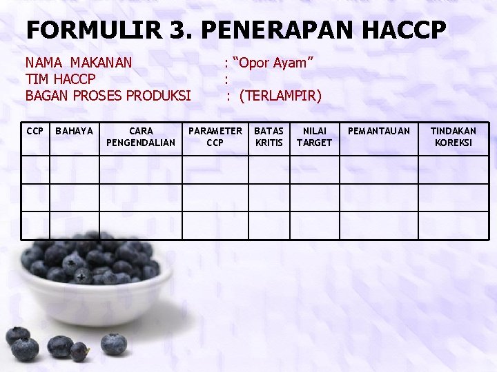 FORMULIR 3. PENERAPAN HACCP NAMA MAKANAN : “Opor Ayam” TIM HACCP : BAGAN PROSES