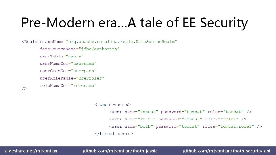 Pre-Modern era…A tale of EE Security slideshare. net/mjremijan github. com/mjremijan/thoth-jaspic github. com/mjremijan/thoth-security-api 