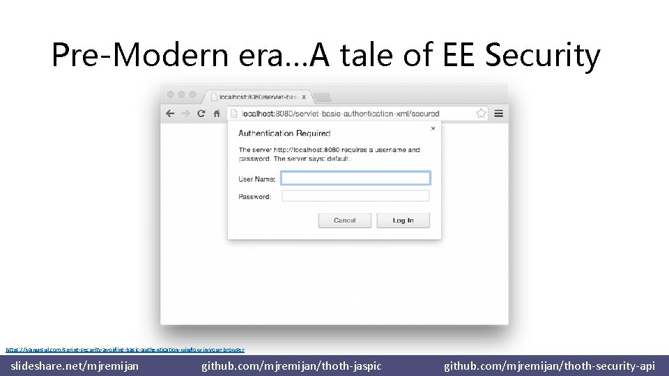 Pre-Modern era…A tale of EE Security https: //ivanursul. com/spring-security-avoiding-basic-authentication-window-in-your-browser slideshare. net/mjremijan github. com/mjremijan/thoth-jaspic github.