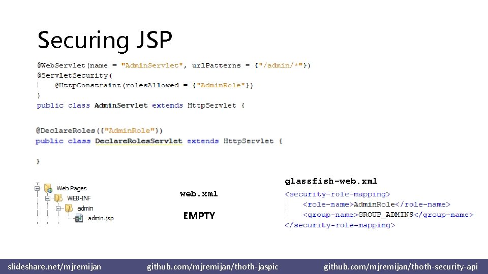 Securing JSP glassfish-web. xml EMPTY slideshare. net/mjremijan github. com/mjremijan/thoth-jaspic github. com/mjremijan/thoth-security-api 