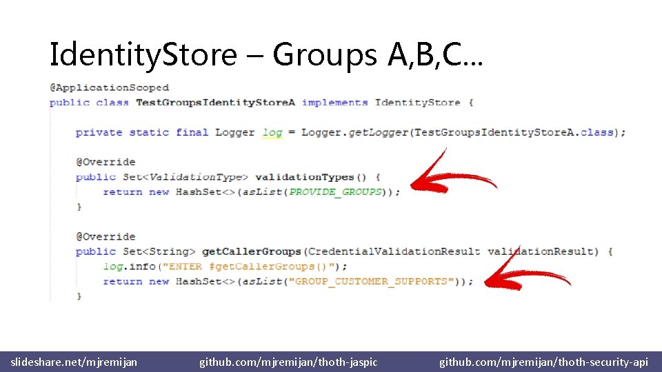 Identity. Store – Groups A, B, C. . . slideshare. net/mjremijan github. com/mjremijan/thoth-jaspic github.