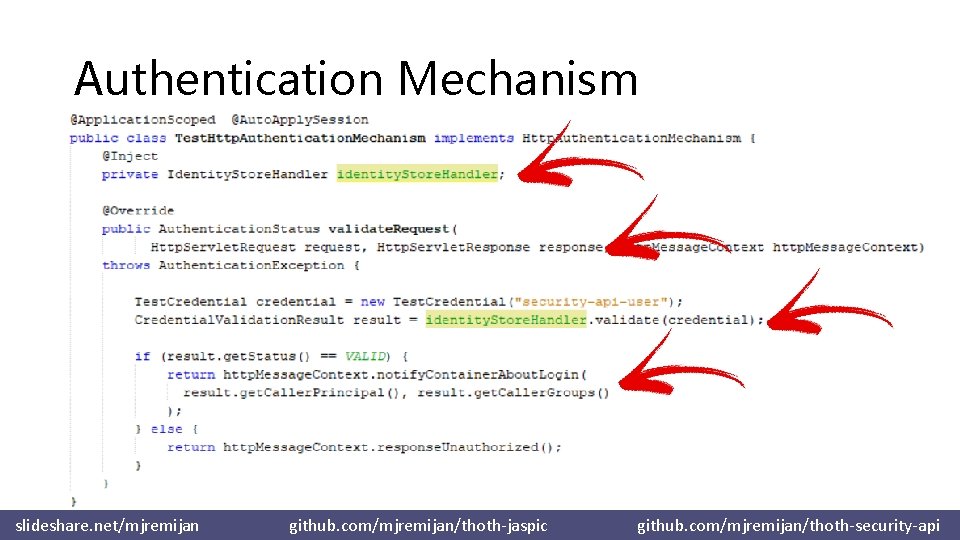 Authentication Mechanism slideshare. net/mjremijan github. com/mjremijan/thoth-jaspic github. com/mjremijan/thoth-security-api 