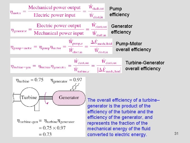 Pump efficiency Generator efficiency Pump-Motor overall efficiency Turbine-Generator overall efficiency The overall efficiency of