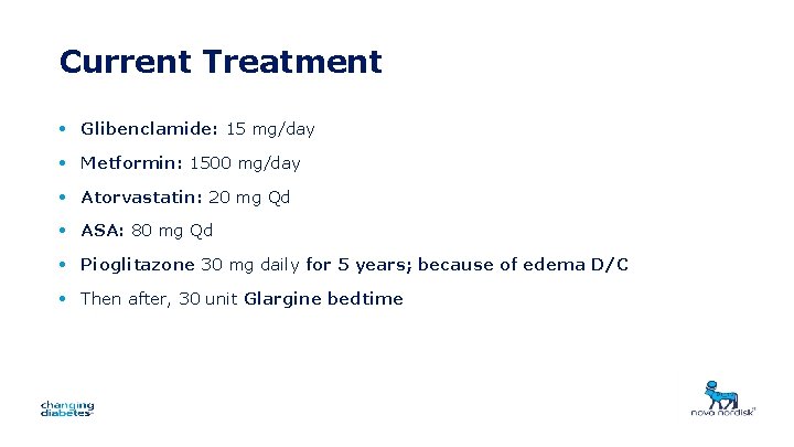 Current Treatment • Glibenclamide: 15 mg/day • Metformin: 1500 mg/day • Atorvastatin: 20 mg