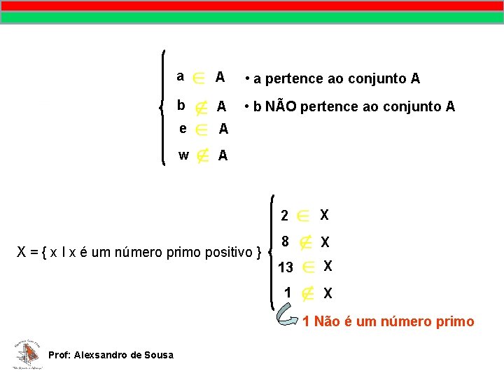 a A • a pertence ao conjunto A b A • b NÃO pertence a A • a pertence ao conjunto A b A • b NÃO pertence