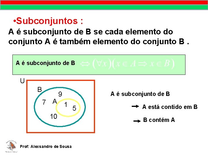 • Subconjuntos : A é subconjunto de B se cada elemento do conjunto • Subconjuntos : A é subconjunto de B se cada elemento do conjunto