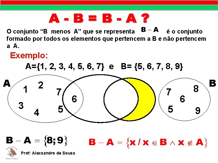 Prof. Alexsandro de Sousa O conjunto “B menos A” que se representa é o Prof. Alexsandro de Sousa O conjunto “B menos A” que se representa é o