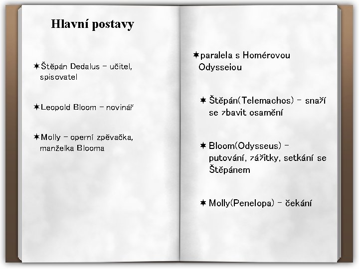 Hlavní postavy ¬Štěpán Dedalus – učitel, spisovatel ¬Leopold Bloom – novinář ¬Molly – operní