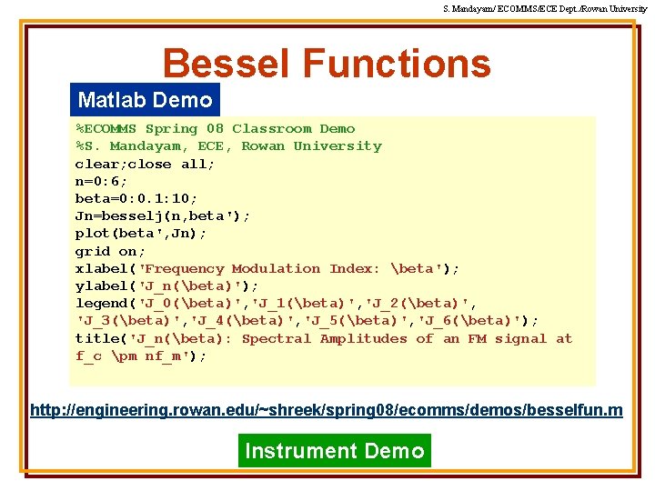 S. Mandayam/ ECOMMS/ECE Dept. /Rowan University Bessel Functions Matlab Demo %ECOMMS Spring 08 Classroom