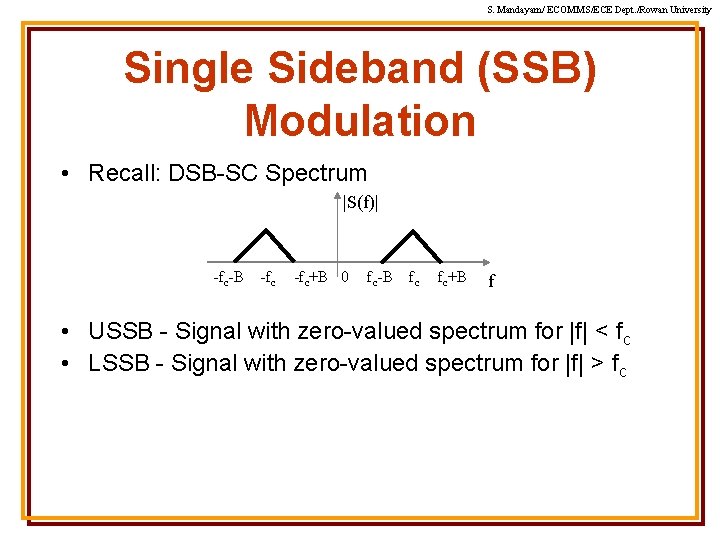 S. Mandayam/ ECOMMS/ECE Dept. /Rowan University Single Sideband (SSB) Modulation • Recall: DSB-SC Spectrum