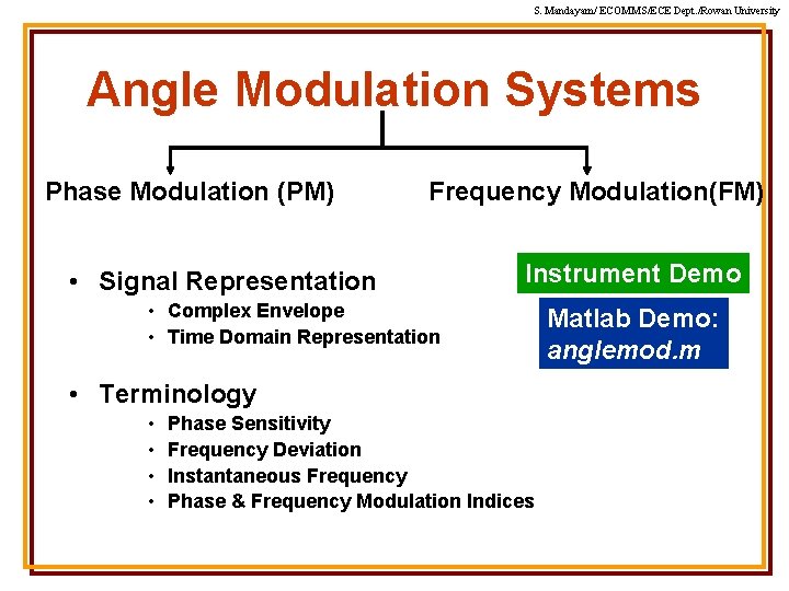 S. Mandayam/ ECOMMS/ECE Dept. /Rowan University Angle Modulation Systems Phase Modulation (PM) Frequency Modulation(FM)