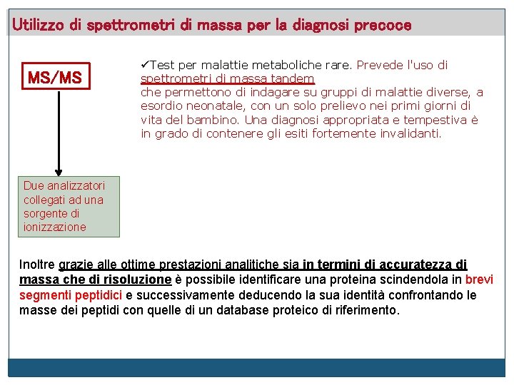Utilizzo di spettrometri di massa per la diagnosi precoce MS/MS Test per malattie metaboliche
