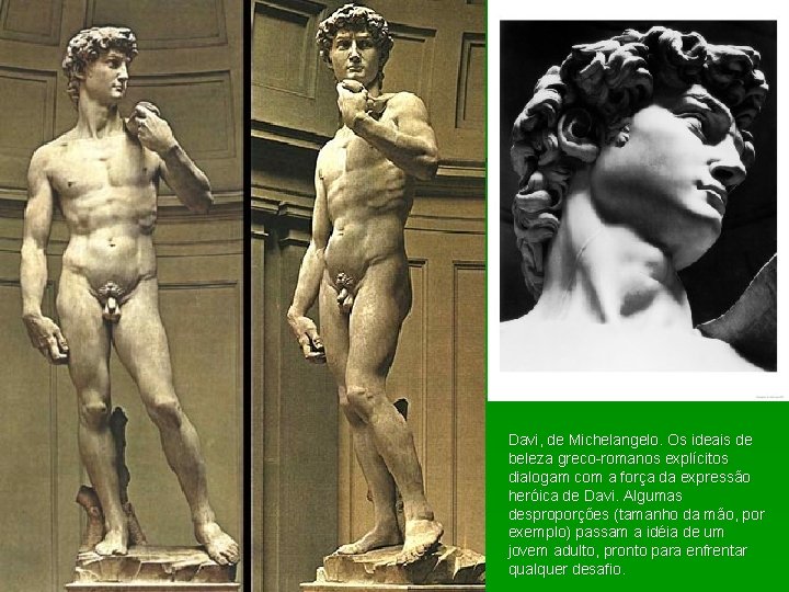 Davi, de Michelangelo. Os ideais de beleza greco-romanos explícitos dialogam com a força da