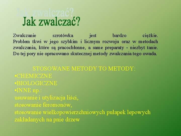 Zwalczanie szrotówka jest bardzo ciężkie. Problem tkwi w jego szybkim i licznym rozwoju oraz