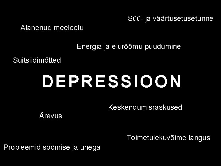 Süü- ja väärtusetunne Alanenud meeleolu Energia ja elurõõmu puudumine Suitsiidimõtted DEPRESSIOON Keskendumisraskused Ärevus Toimetulekuvõime