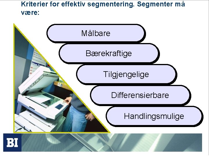 Kriterier for effektiv segmentering. Segmenter må være: Målbare Bærekraftige Tilgjengelige Differensierbare Handlingsmulige 