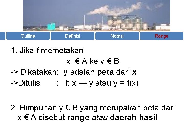 Outline Definisi Notasi Range 1. Jika f memetakan x € A ke y €