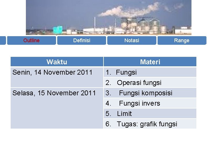 Outline Definisi Waktu Senin, 14 November 2011 Selasa, 15 November 2011 Notasi Range Materi