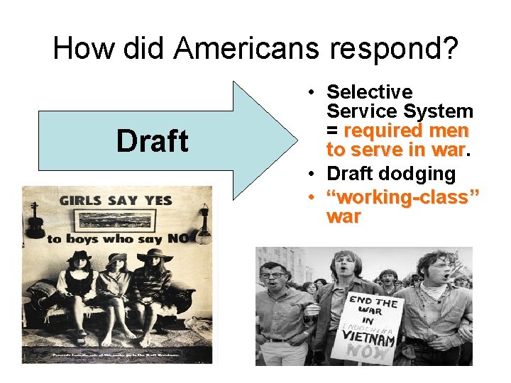 How did Americans respond? Draft • Selective Service System = required men to serve How did Americans respond? Draft • Selective Service System = required men to serve