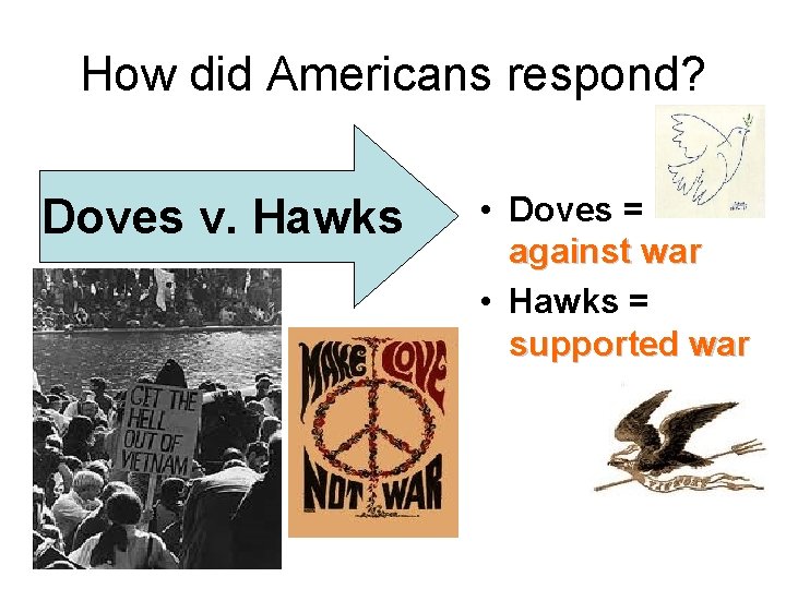 How did Americans respond? Doves v. Hawks • Doves = against war • Hawks How did Americans respond? Doves v. Hawks • Doves = against war • Hawks