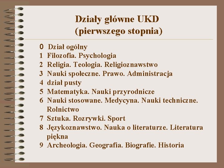 Działy główne UKD (pierwszego stopnia) 0 Dział ogólny 1 Filozofia. Psychologia 2 Religia. Teologia.