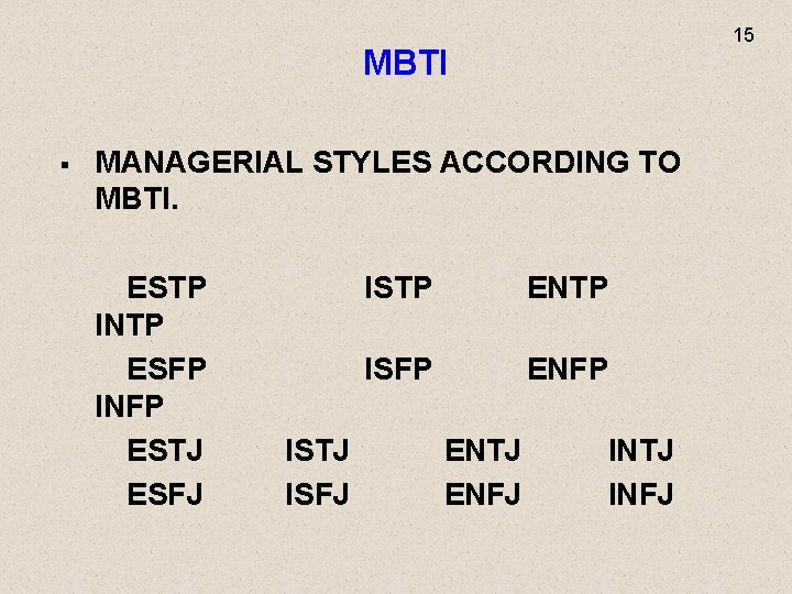 MBTI § MANAGERIAL STYLES ACCORDING TO MBTI. ESTP INTP ESFP INFP ESTJ ESFJ ISTP