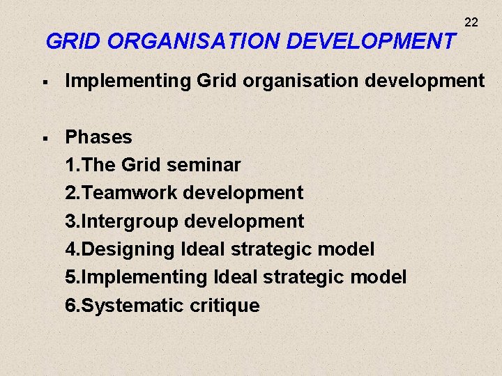 GRID ORGANISATION DEVELOPMENT 22 § Implementing Grid organisation development § Phases 1. The Grid
