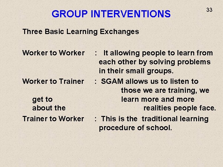 GROUP INTERVENTIONS 33 Three Basic Learning Exchanges Worker to Worker : It allowing people