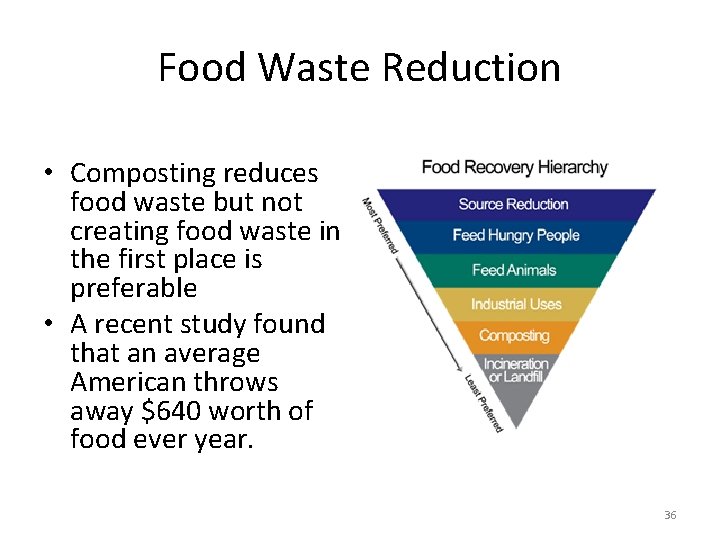 Food Waste Reduction • Composting reduces food waste but not creating food waste in