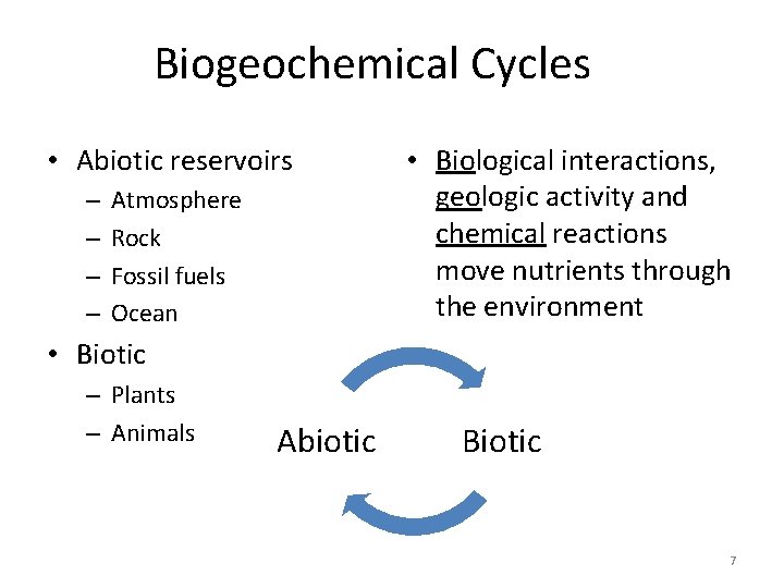 Biogeochemical Cycles • Abiotic reservoirs – – Atmosphere Rock Fossil fuels Ocean • Biological